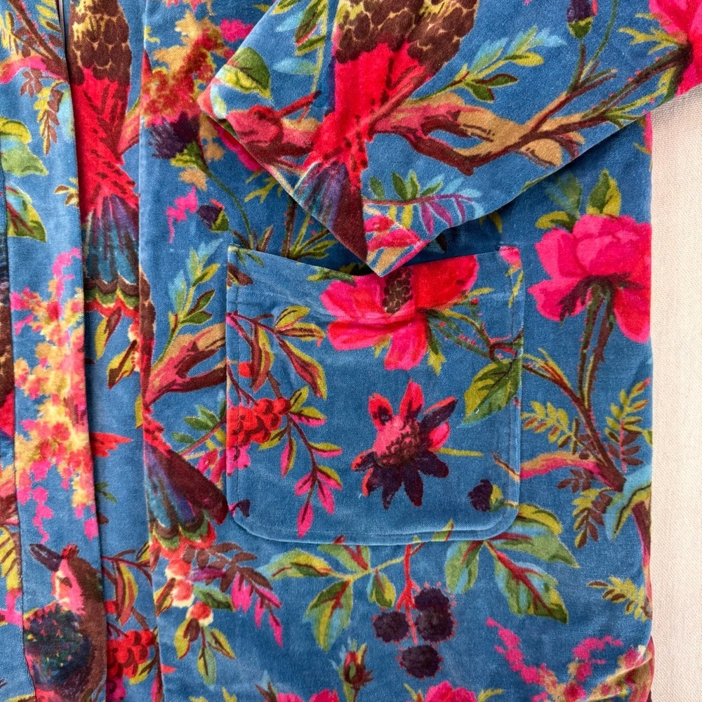 Vikolino Velvet Luxury Jacket Coat Blue Bird Printed Long Jacket Bohemian Coat - Picture 6 of 16